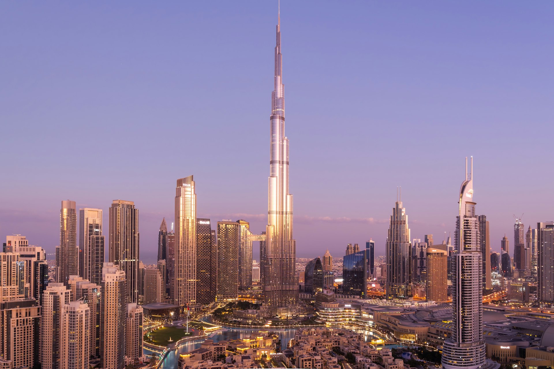 A view of a city with tall buildings